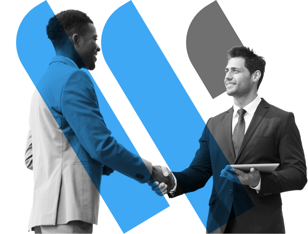 two males shaking hands as a recruiter and employee behind whitecollars logo